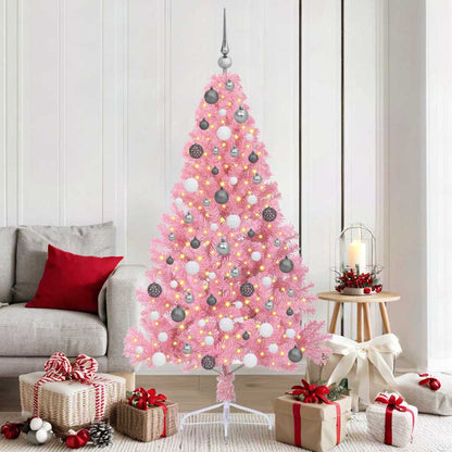 Artificial Pre-lit Christmas Tree PVC 180 cm Pink with 120 white/grey balls