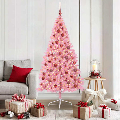 Artificial Pre-lit Christmas Tree PVC 180 cm Pink with 120 red balls
