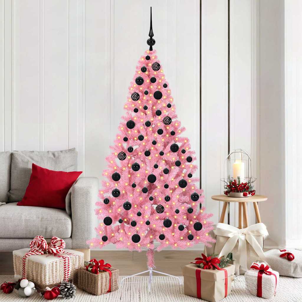 Artificial Pre-lit Christmas Tree PVC 180 cm Pink with 120 black balls