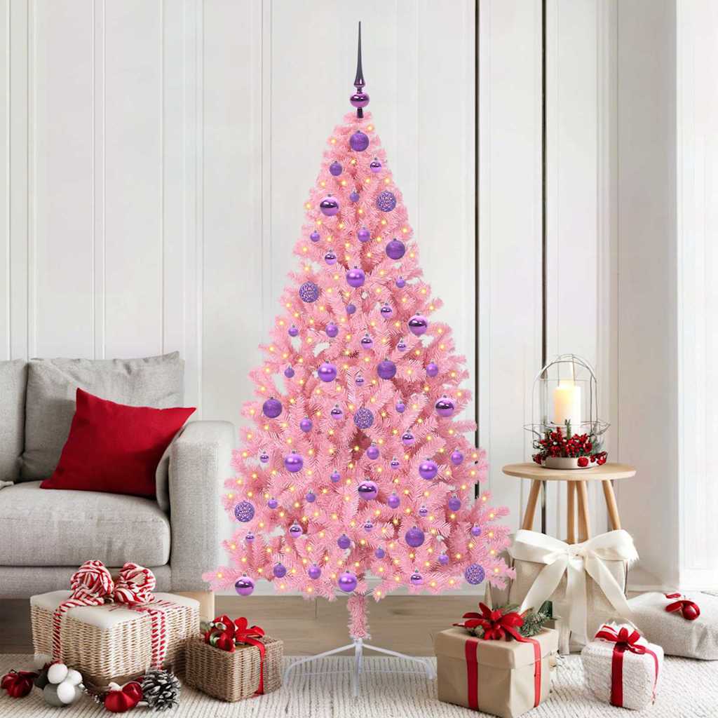 Artificial Pre-lit Christmas Tree PVC 180 cm Pink with 120 lilac balls