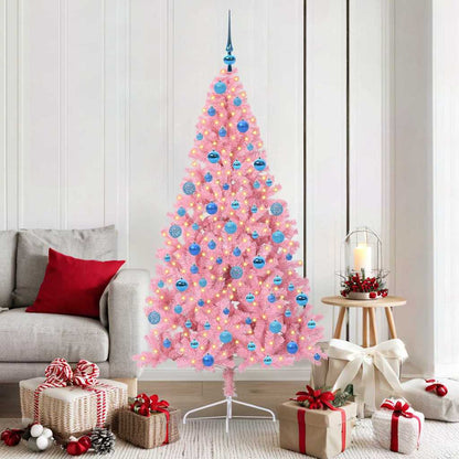 Artificial Pre-lit Christmas Tree PVC 180 cm Pink with 120 blue balls