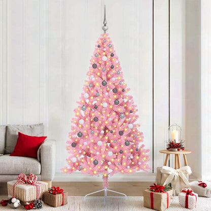 Artificial Pre-lit Christmas Tree PVC 210 cm Pink with 120 white/grey balls
