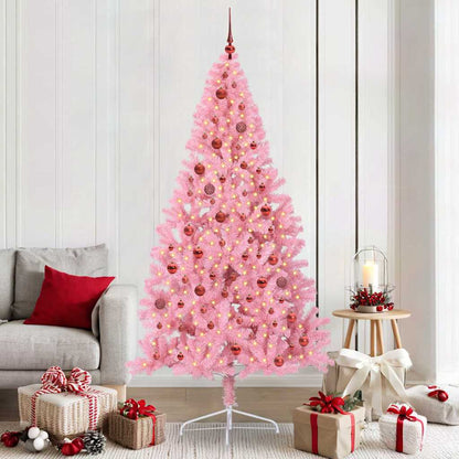Artificial Pre-lit Christmas Tree PVC 210 cm Pink with 120 red balls
