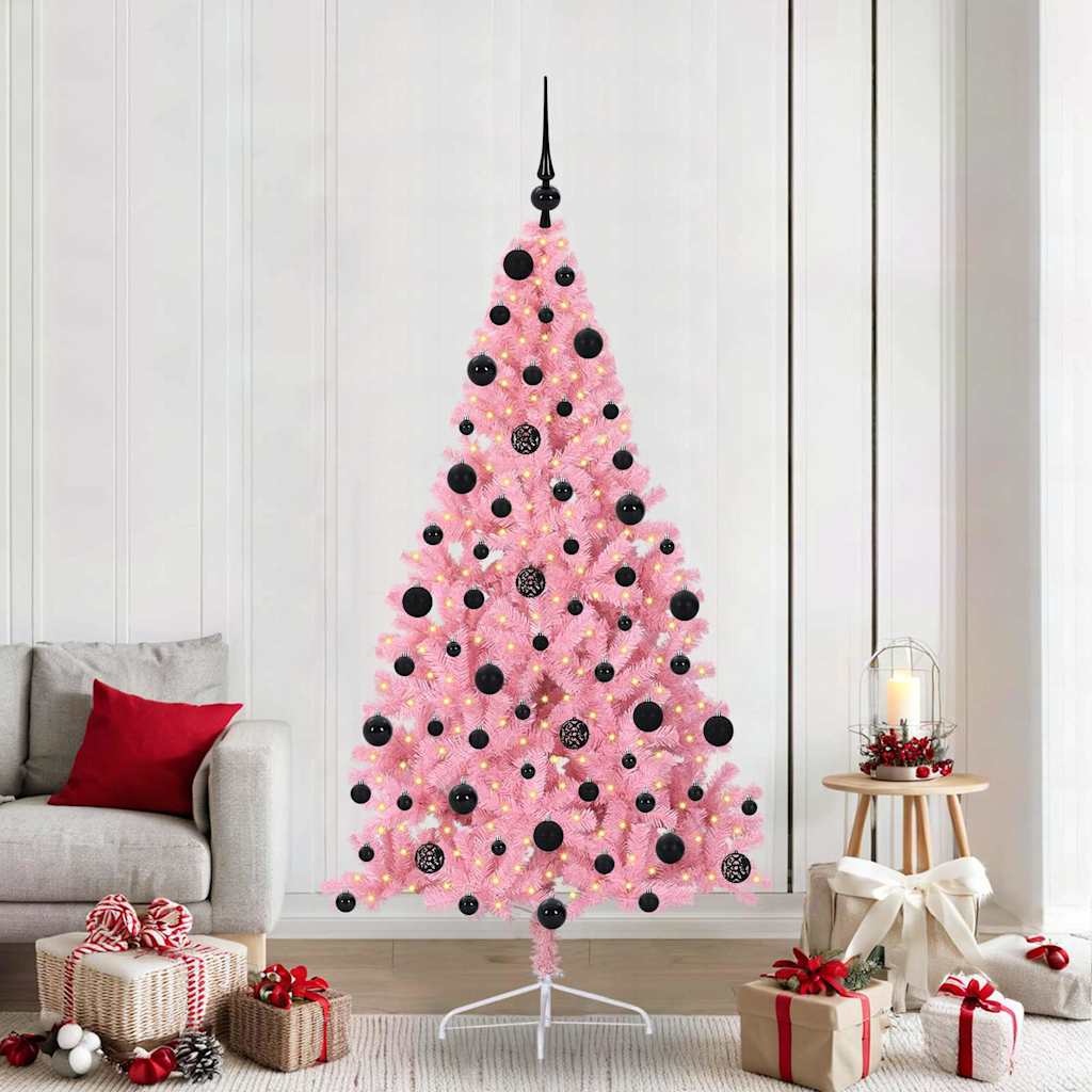 Artificial Pre-lit Christmas Tree PVC 210 cm Pink with 120 black balls