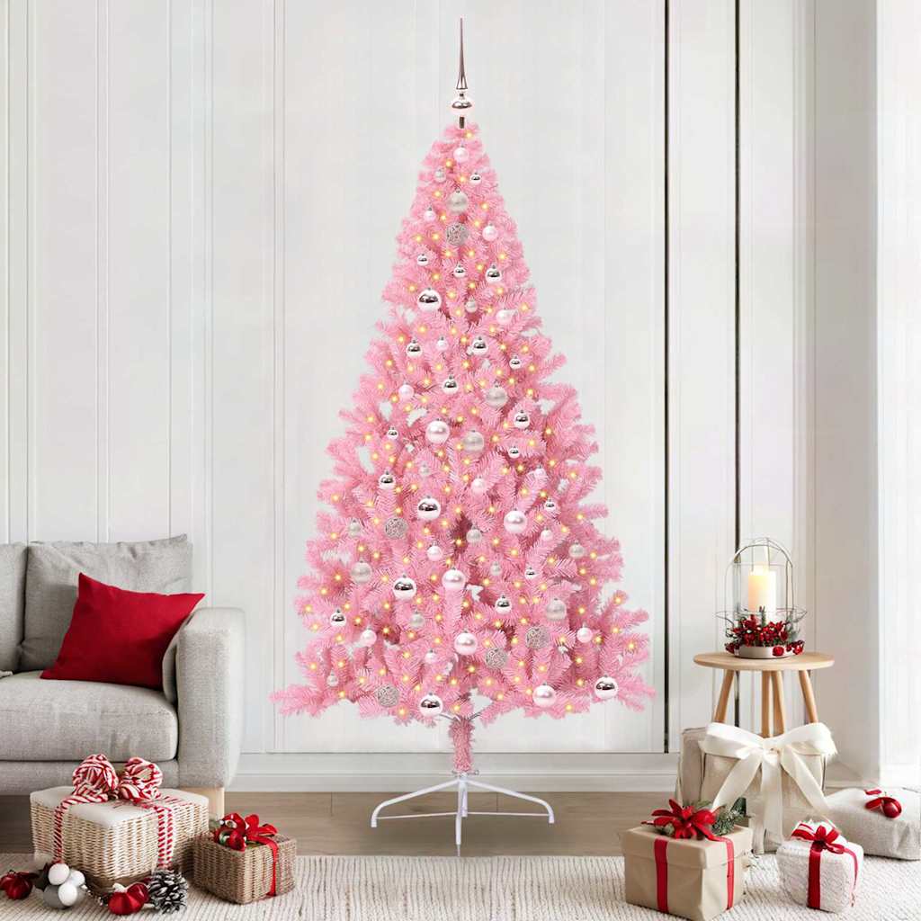 Artificial Pre-lit Christmas Tree PVC 210 cm Pink with 120 pink balls