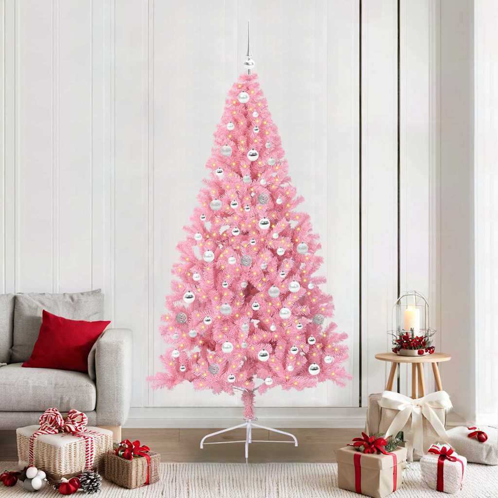 Artificial Pre-lit Christmas Tree PVC 210 cm Pink with 120 silver balls