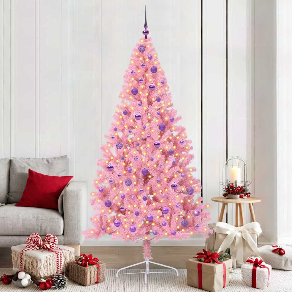 Artificial Pre-lit Christmas Tree PVC 210 cm Pink with 120 lilac balls