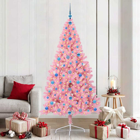 Artificial Pre-lit Christmas Tree PVC 210 cm Pink with 120 blue balls
