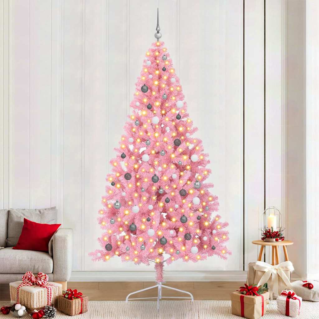 Artificial Pre-lit Christmas Tree PVC 240 cm Pink with 120 white/grey balls