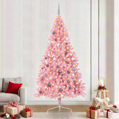 Artificial Pre-lit Christmas Tree PVC 240 cm Pink with 120 white/grey balls
