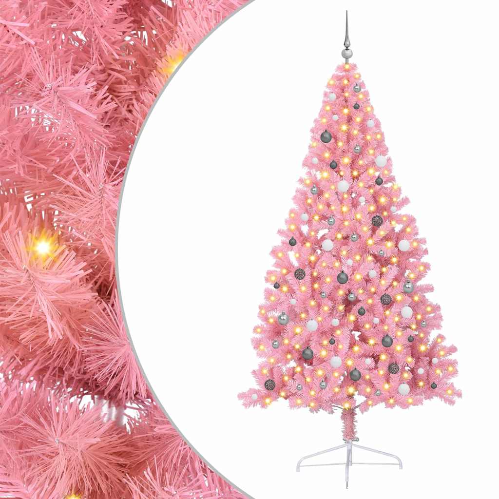 Artificial Pre-lit Christmas Tree PVC 240 cm Pink with 120 white/grey balls
