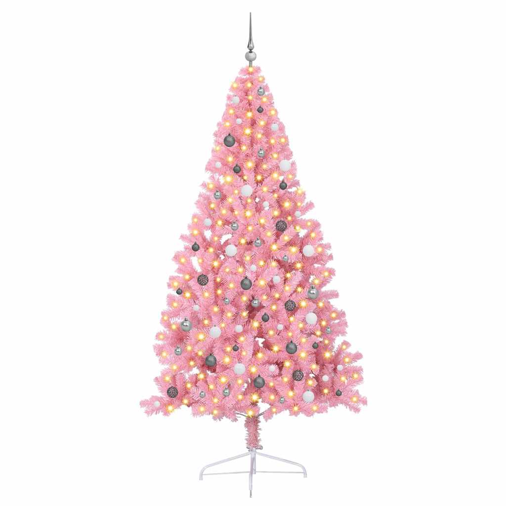 Artificial Pre-lit Christmas Tree PVC 240 cm Pink with 120 white/grey balls