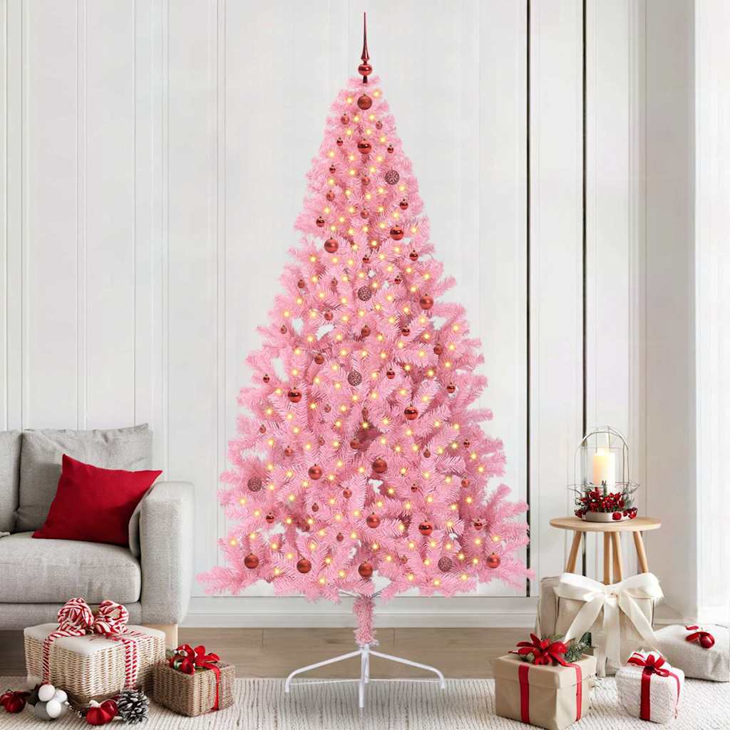 Artificial Pre-lit Christmas Tree PVC 240 cm Pink with 120 red balls