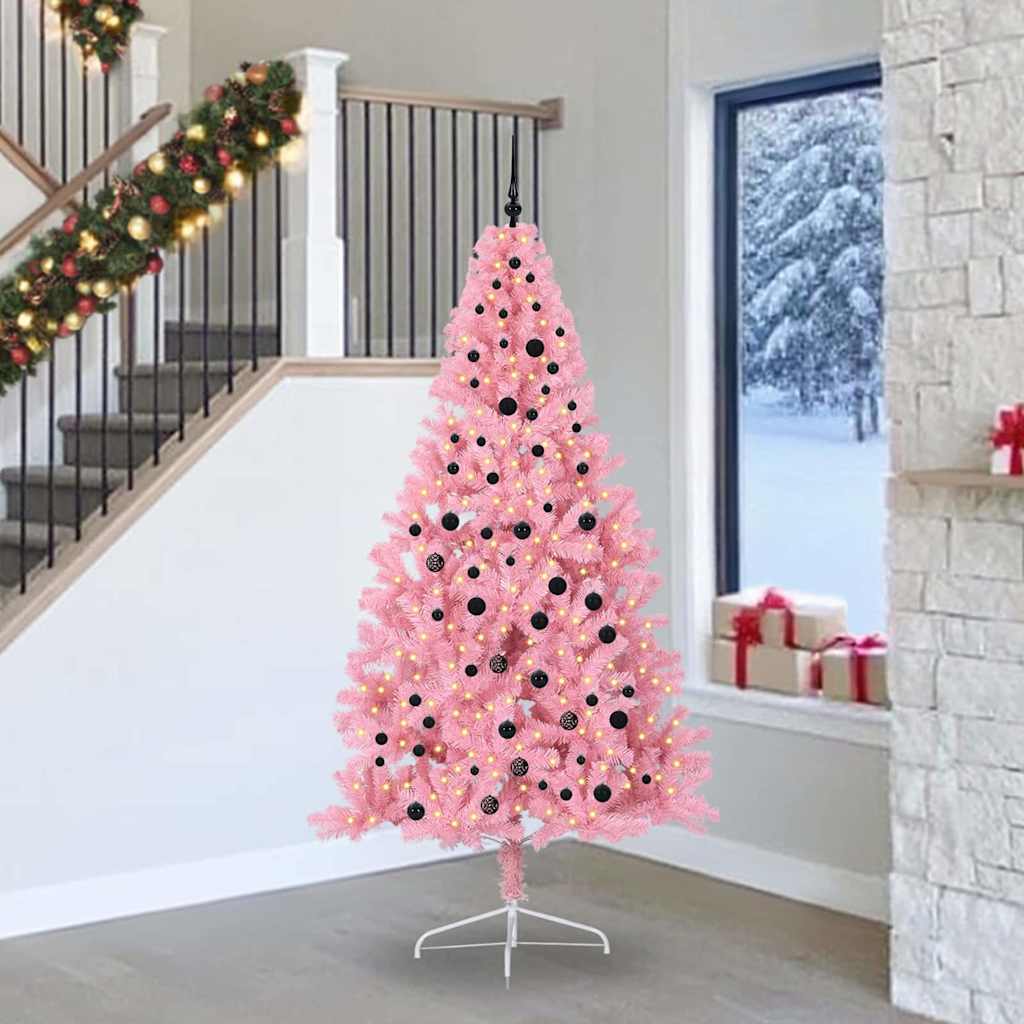 Artificial Pre-lit Christmas Tree PVC 240 cm Pink with 120 black balls