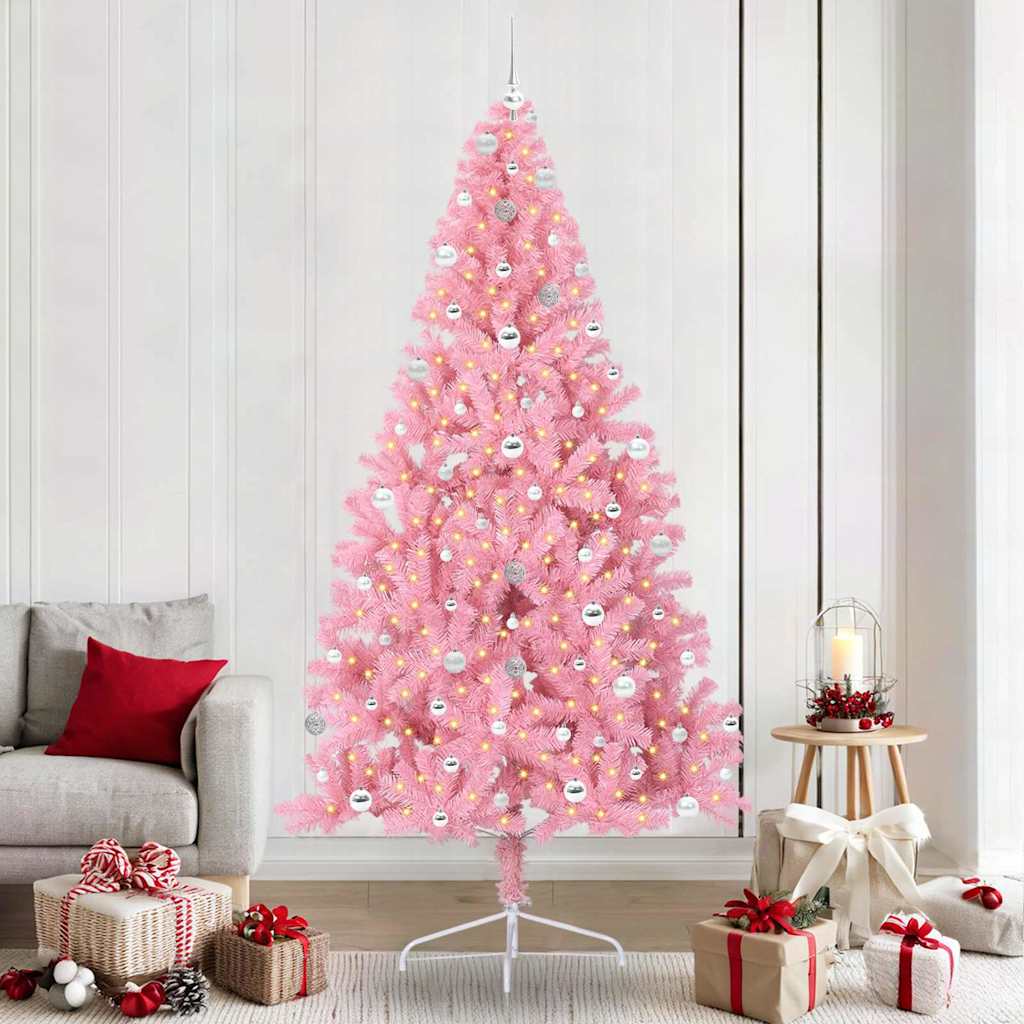 Artificial Pre-lit Christmas Tree PVC 240 cm Pink with 120 silver balls