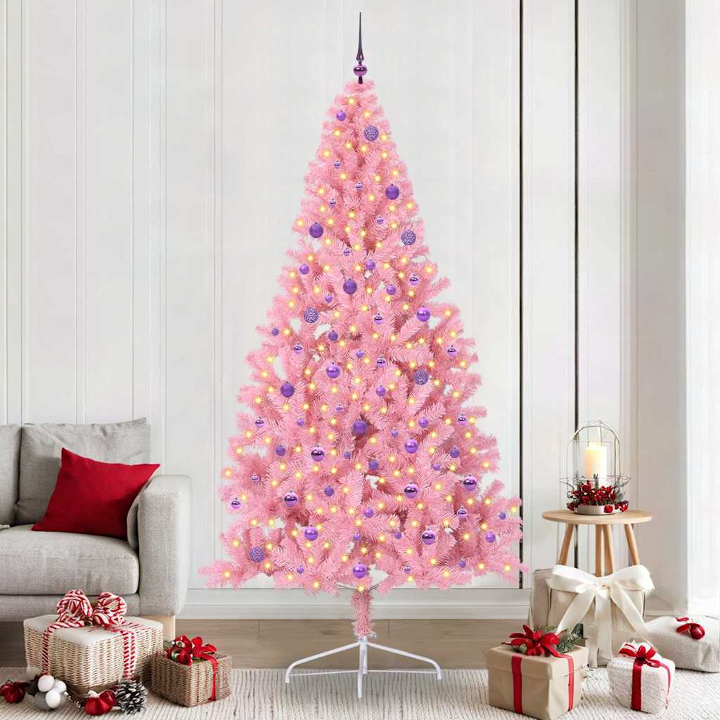 Artificial Pre-lit Christmas Tree PVC 240 cm Pink with 120 lilac balls