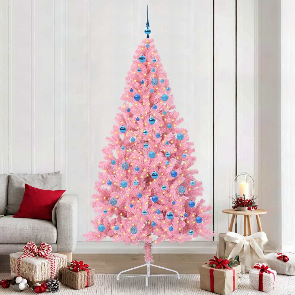 Artificial Pre-lit Christmas Tree PVC 240 cm Pink with 120 blue balls