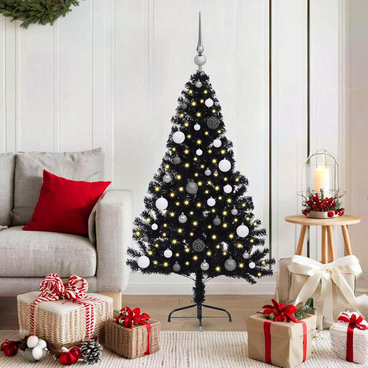 Artificial Pre-lit Christmas Tree PVC 150 cm Black with 60 white/grey balls