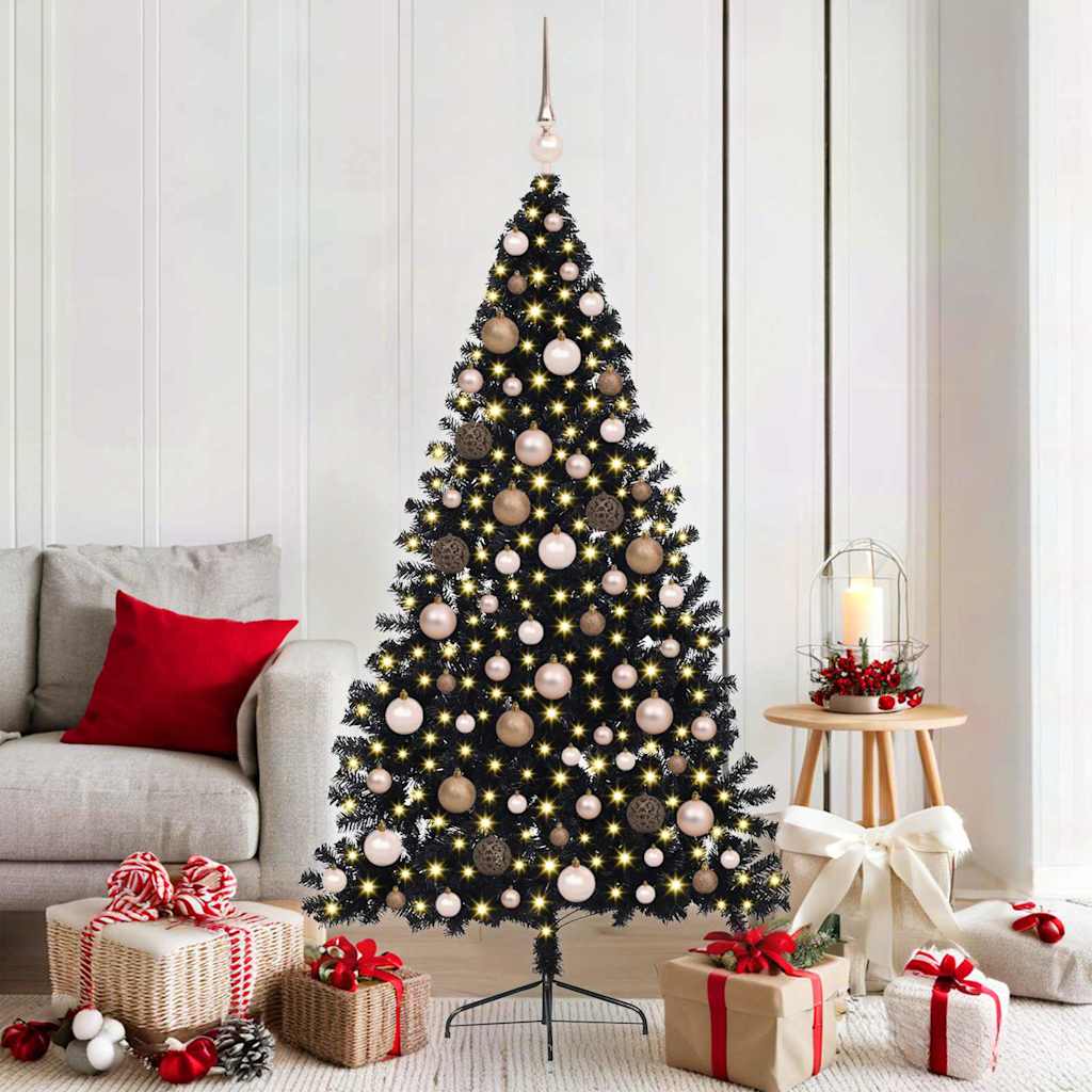 Artificial Pre-lit Christmas Tree PVC 180 cm Black with 120 rose gold balls