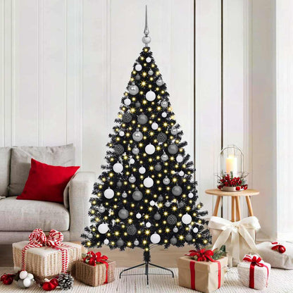 Artificial Pre-lit Christmas Tree PVC 180 cm Black with 120 white/grey balls