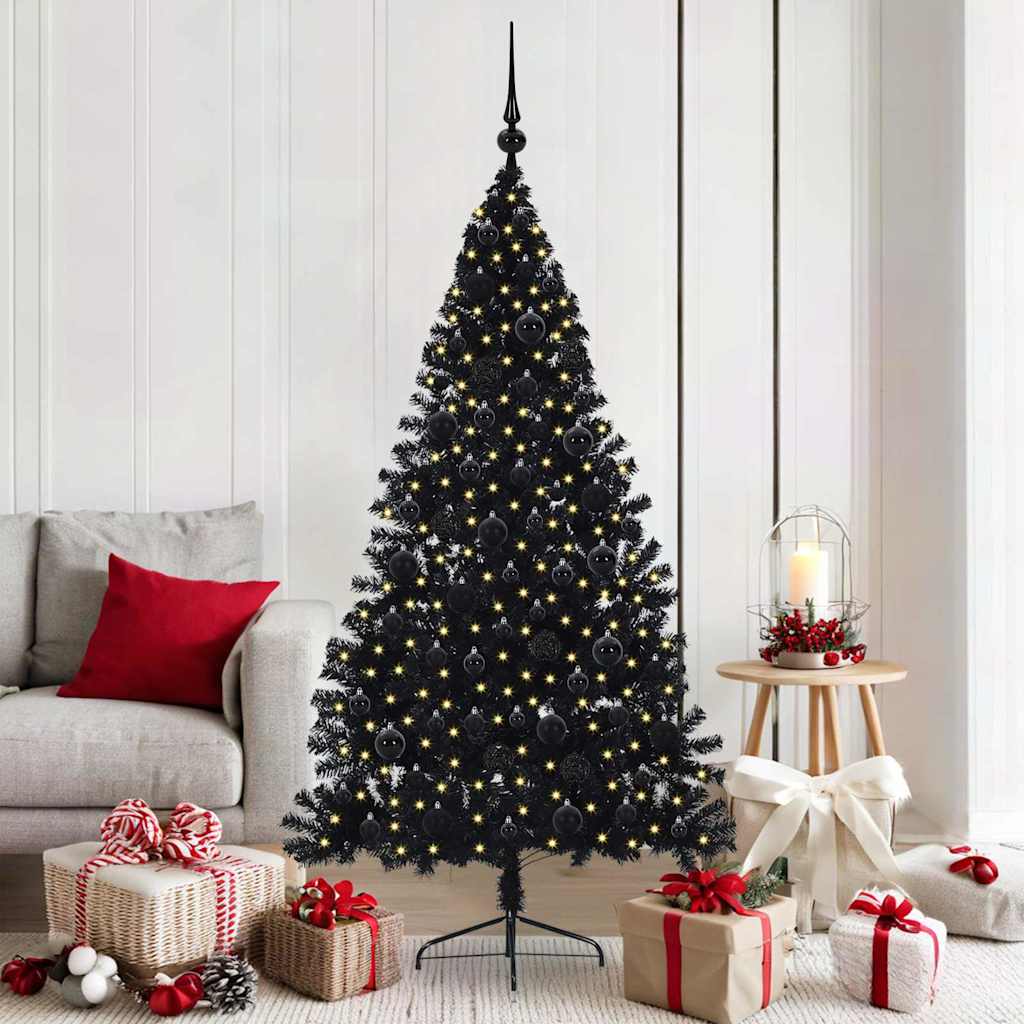 Artificial Pre-lit Christmas Tree PVC 180 cm Black with 120 black balls