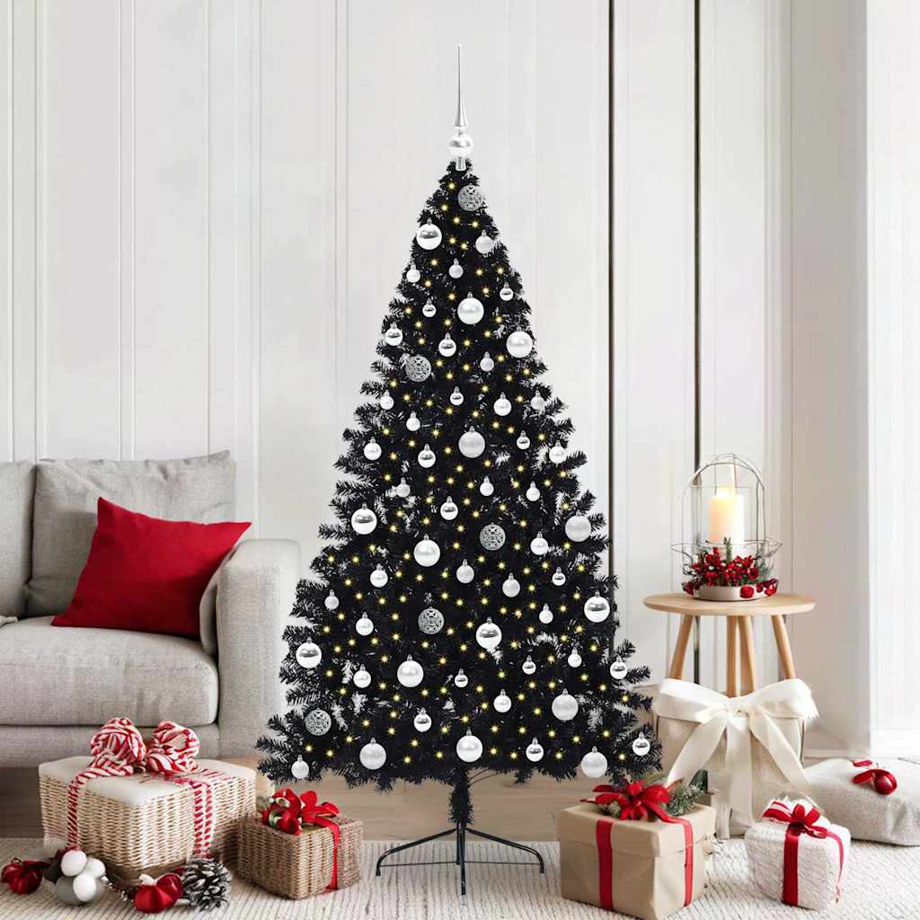 Artificial Pre-lit Christmas Tree PVC 180 cm Black with 120 silver balls