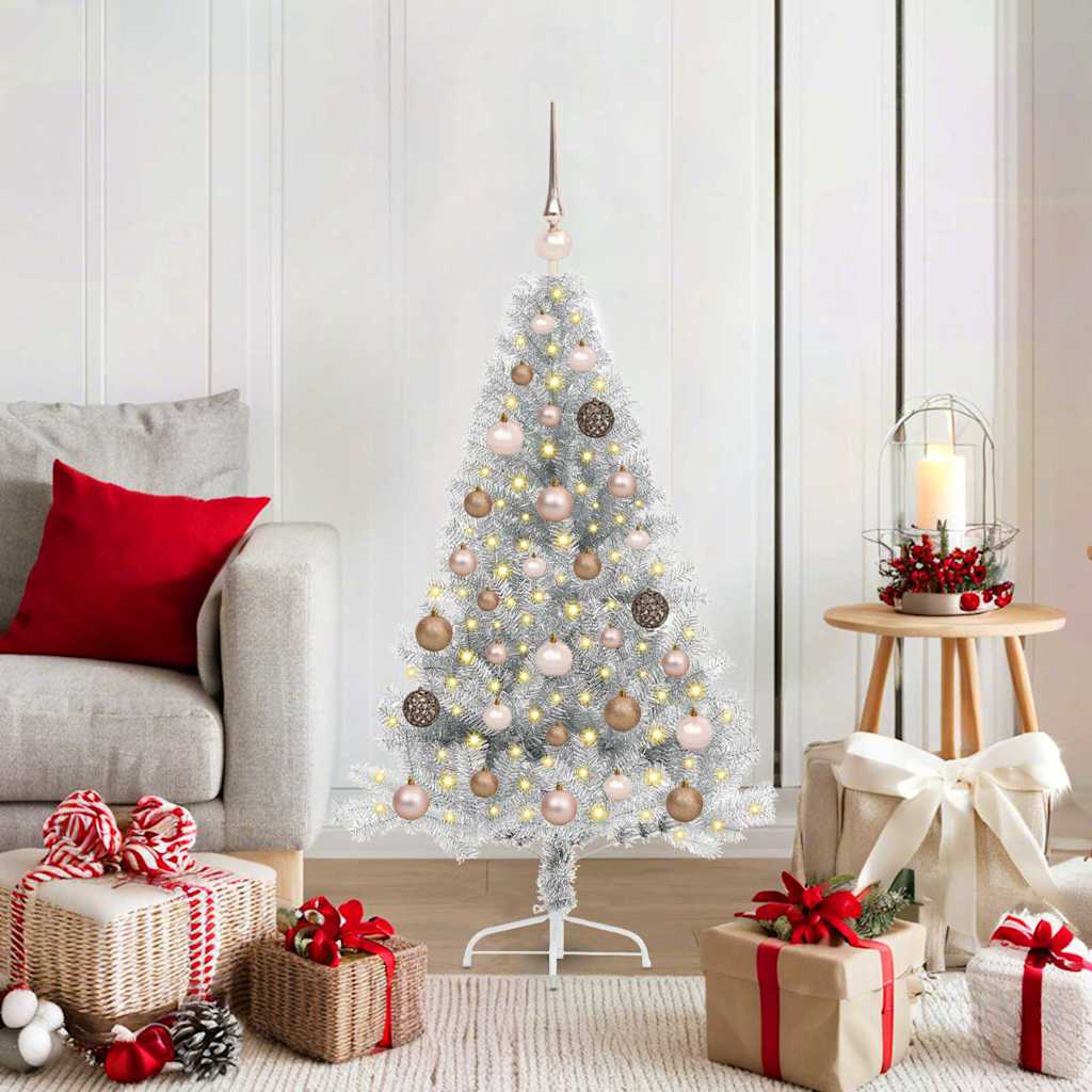Artificial Pre-lit Christmas Tree PET 120 cm Silver with 60 rose gold balls