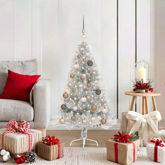 Artificial Pre-lit Christmas Tree PET 120 cm Silver with 60 rose gold balls
