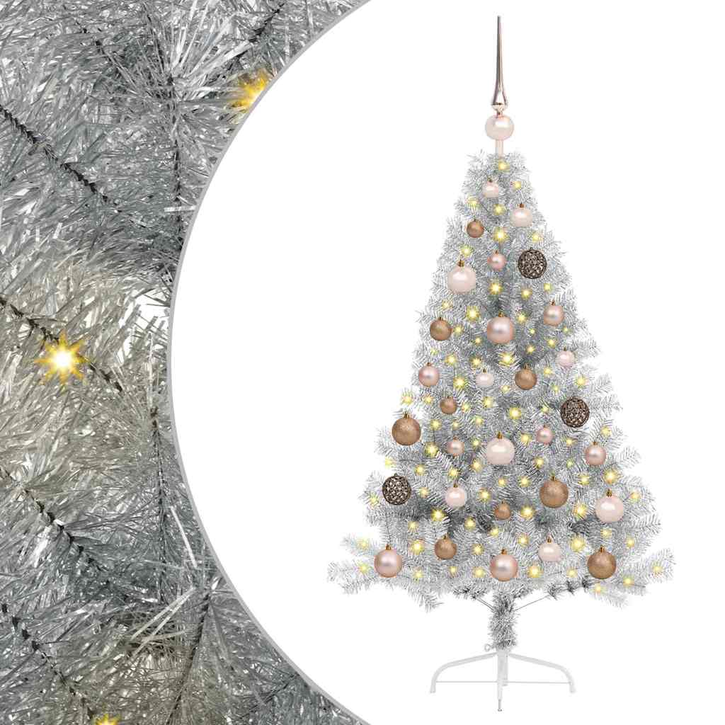 Artificial Pre-lit Christmas Tree PET 120 cm Silver with 60 rose gold balls