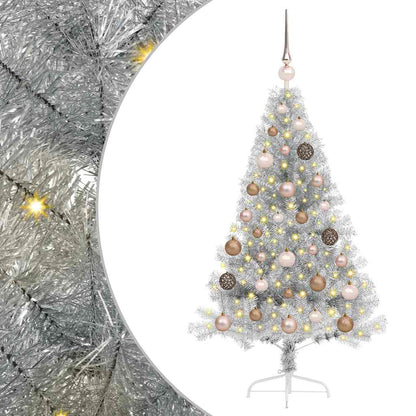 Artificial Pre-lit Christmas Tree PET 120 cm Silver with 60 rose gold balls