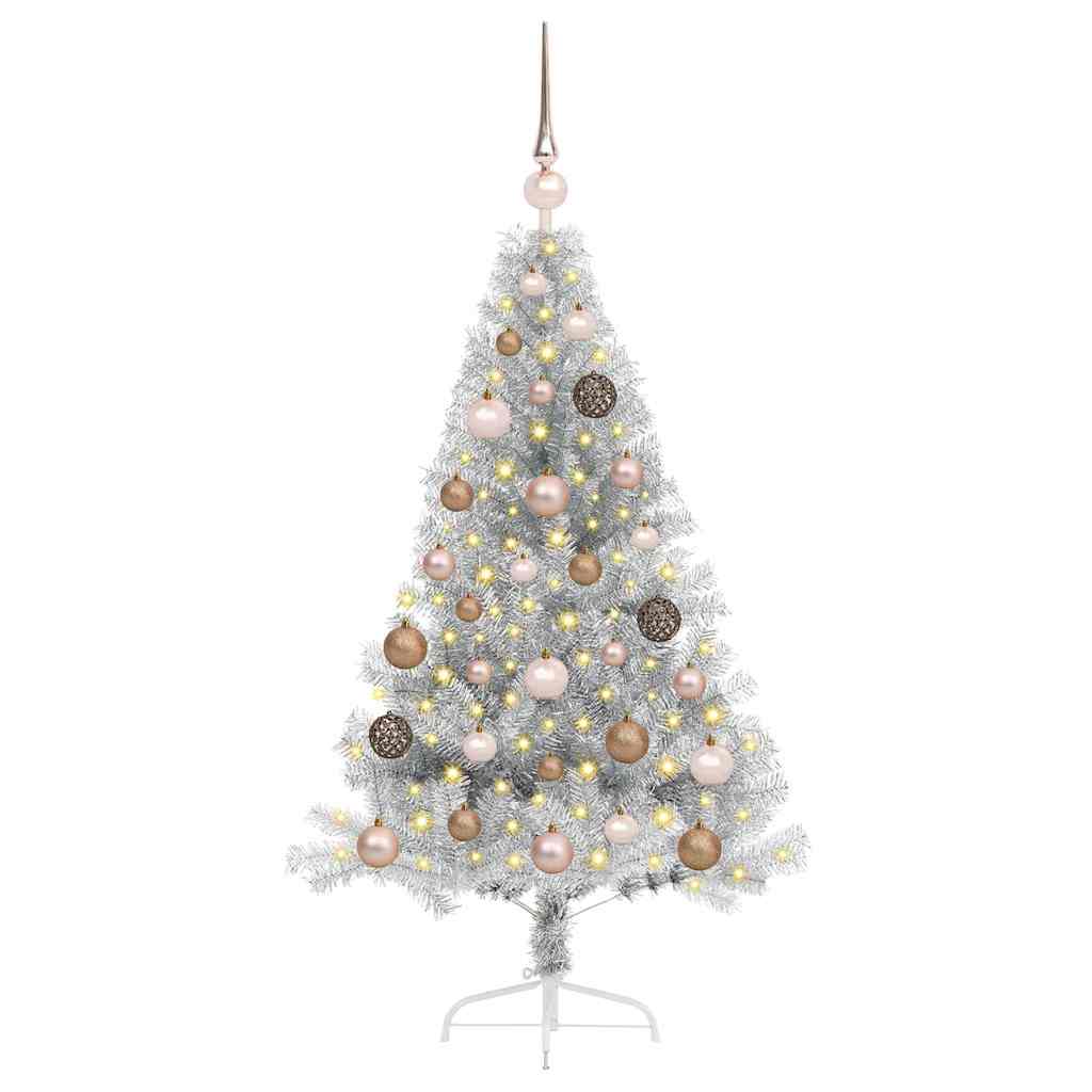 Artificial Pre-lit Christmas Tree PET 120 cm Silver with 60 rose gold balls