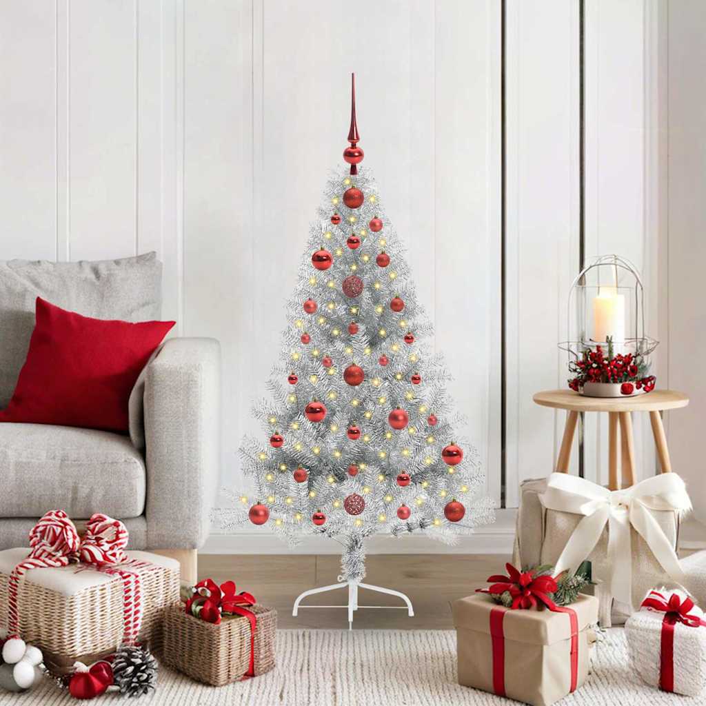 Artificial Pre-lit Christmas Tree PET 120 cm Silver with 61 red balls