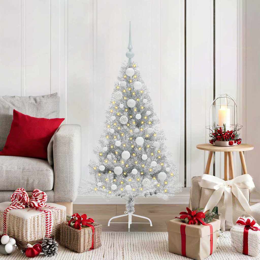 Artificial Pre-lit Christmas Tree PET 120 cm Silver with 61 white balls