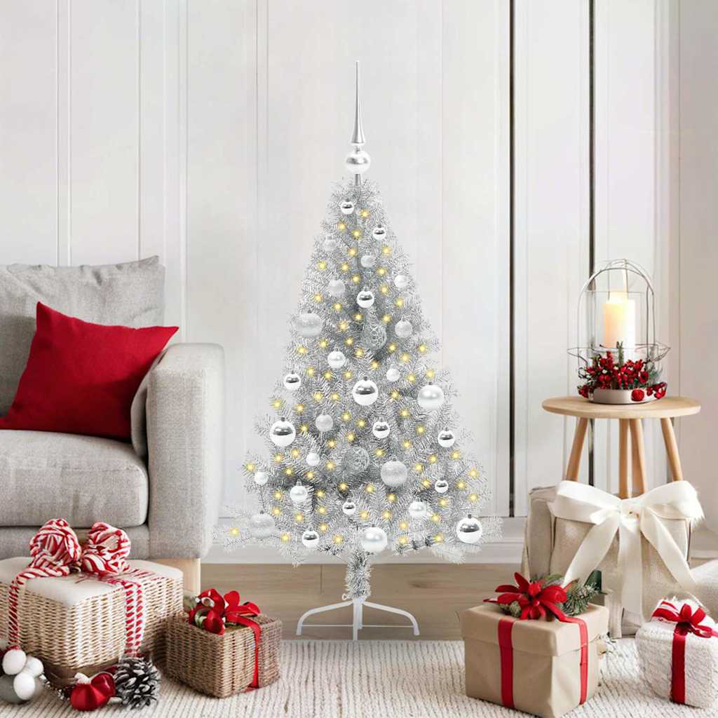 Artificial Pre-lit Christmas Tree PET 120 cm Silver with 61 silver balls