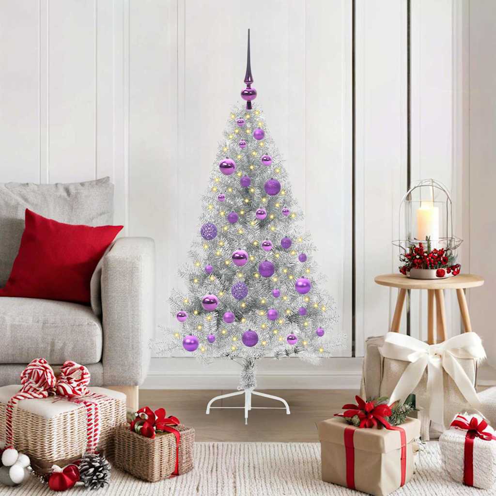 Artificial Pre-lit Christmas Tree PET 120 cm Silver with 61 lilac balls