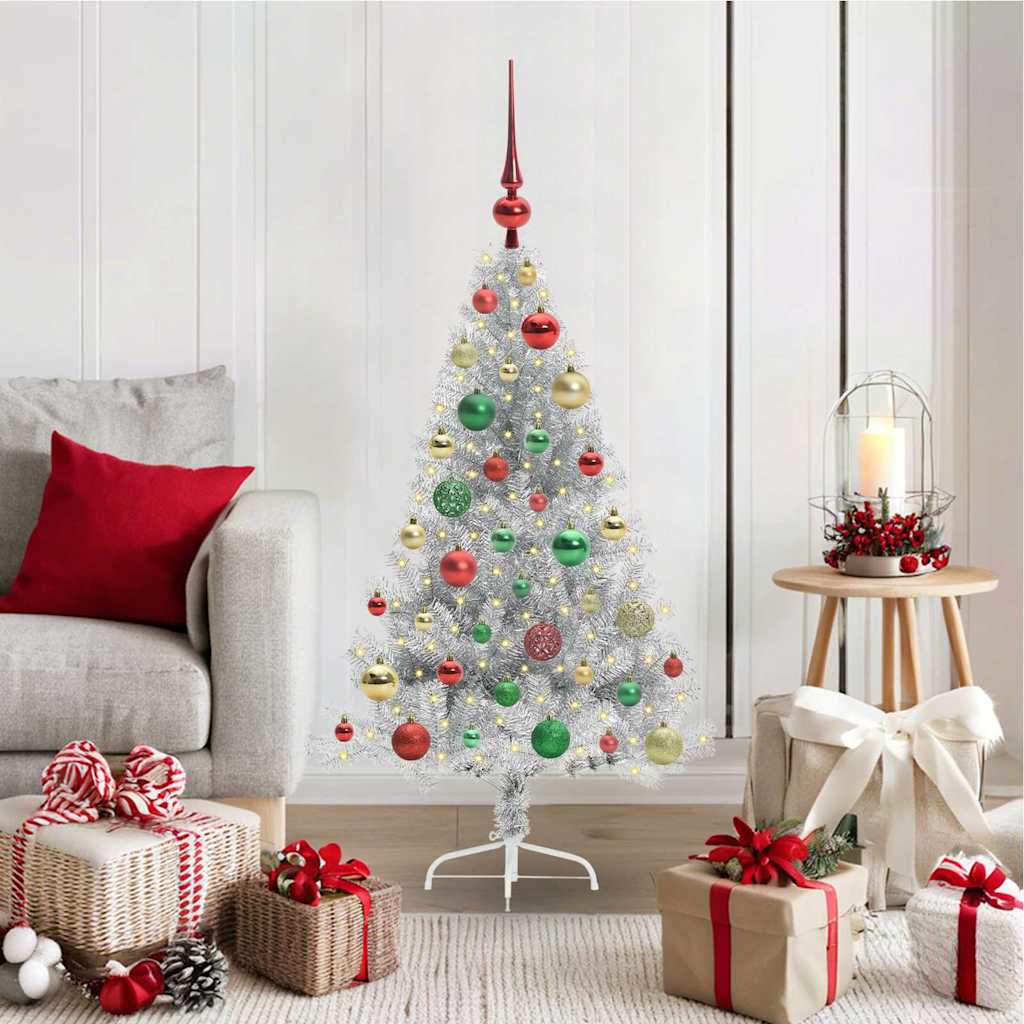 Artificial Pre-lit Christmas Tree PET 120 cm Silver with 61 multicolour balls