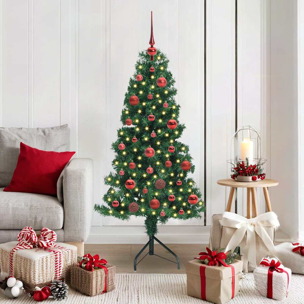 Corner Artificial Christmas Tree Green 150 cm PVC and Metal with 150 LEDs & red balls