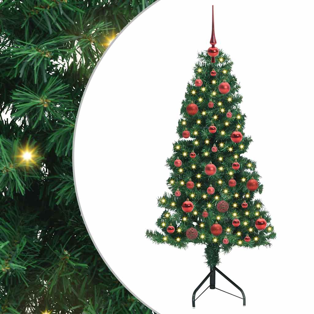 Corner Artificial Christmas Tree Green 150 cm PVC and Metal with 150 LEDs & red balls