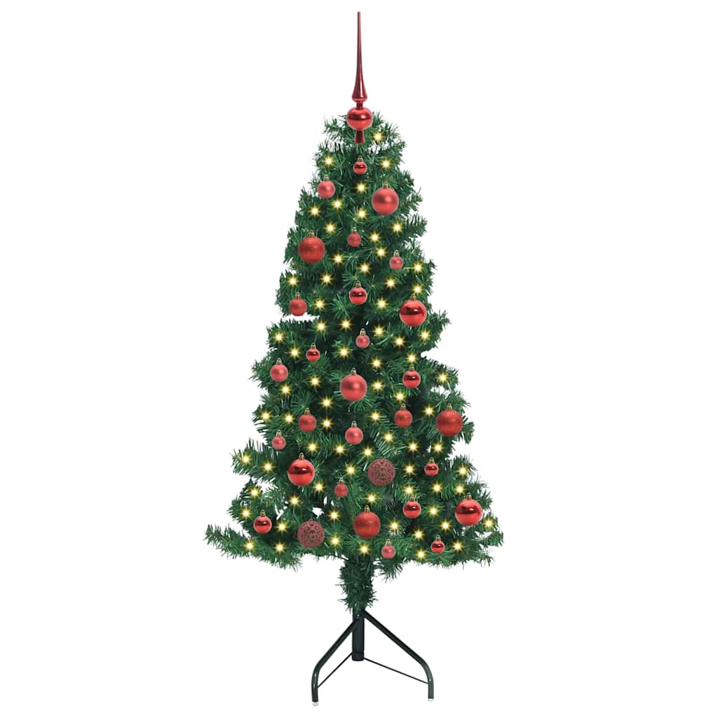 Corner Artificial Christmas Tree Green 150 cm PVC and Metal with 150 LEDs & red balls