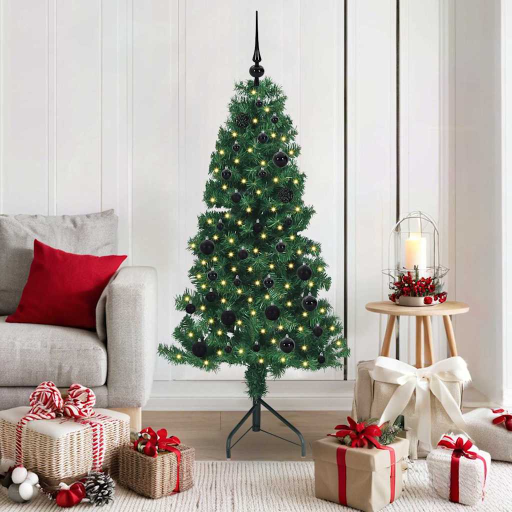Corner Artificial Christmas Tree Green 150 cm PVC and Metal with 150 LEDs & black balls