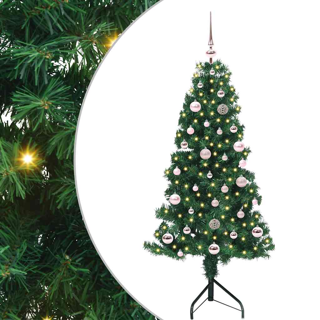 Corner Artificial Christmas Tree Green 150 cm PVC and Metal with 150 LEDs & pink balls