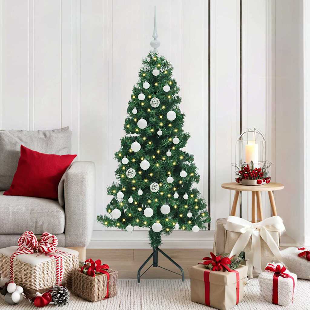 Corner Artificial Christmas Tree Green 150 cm PVC and Metal with 150 LEDs & white balls