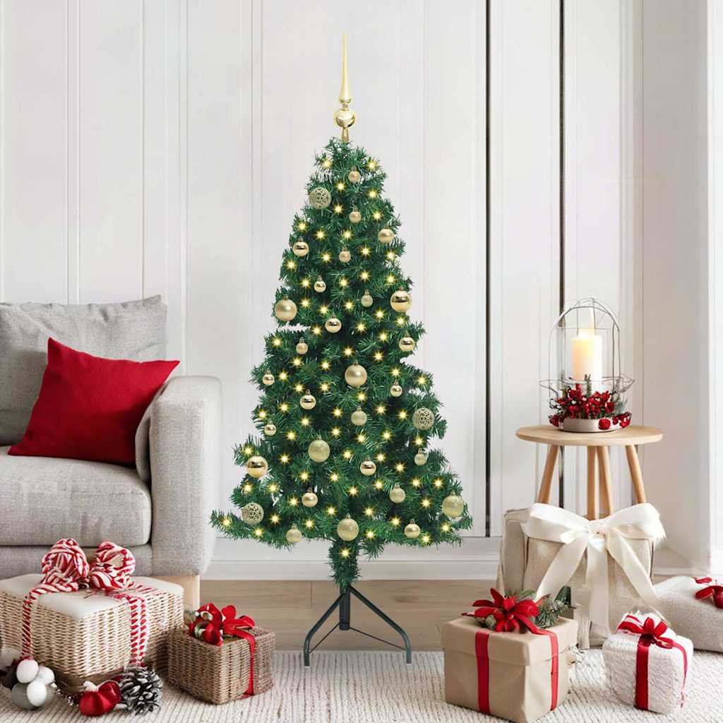 Corner Artificial Christmas Tree Green 150 cm PVC and Metal with 150 LEDs & golden balls