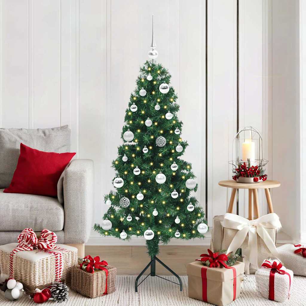 Corner Artificial Christmas Tree Green 150 cm PVC and Metal with 150 LEDs & silver balls