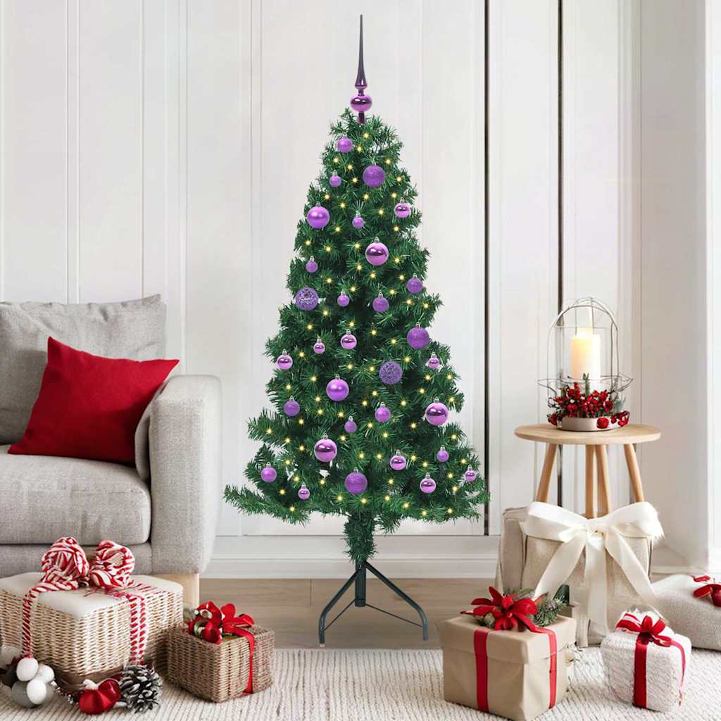 Corner Artificial Christmas Tree Green 150 cm PVC and Metal with 150 LEDs & lilac balls