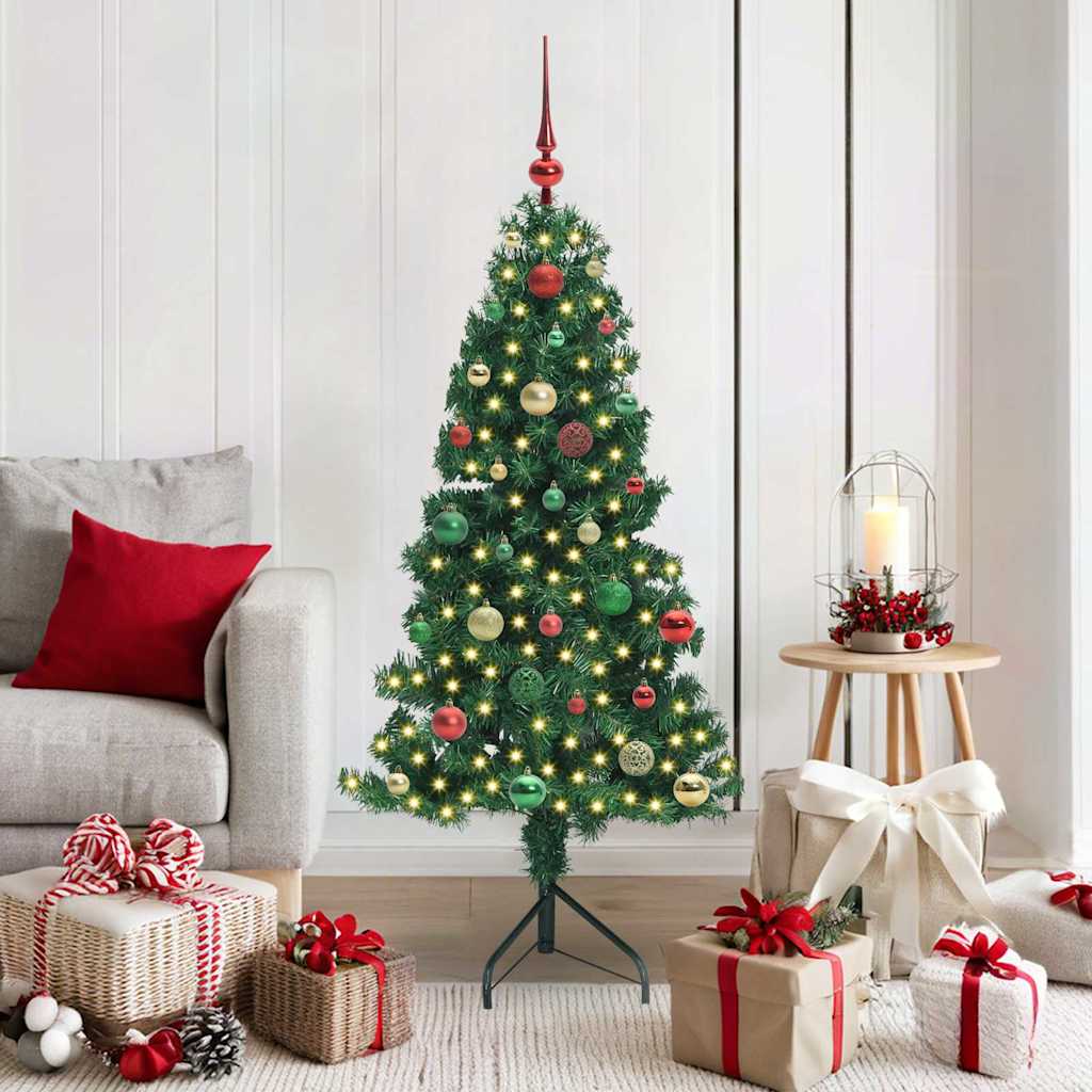 Corner Artificial Christmas Tree Green 150 cm PVC and Metal with 150 LEDs & multicolour balls