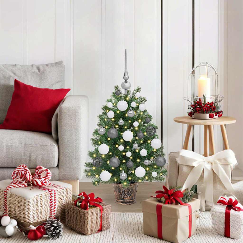 Artificial Christmas Tree Green PE and PVC 75 cm with LEDs &white/grey balls