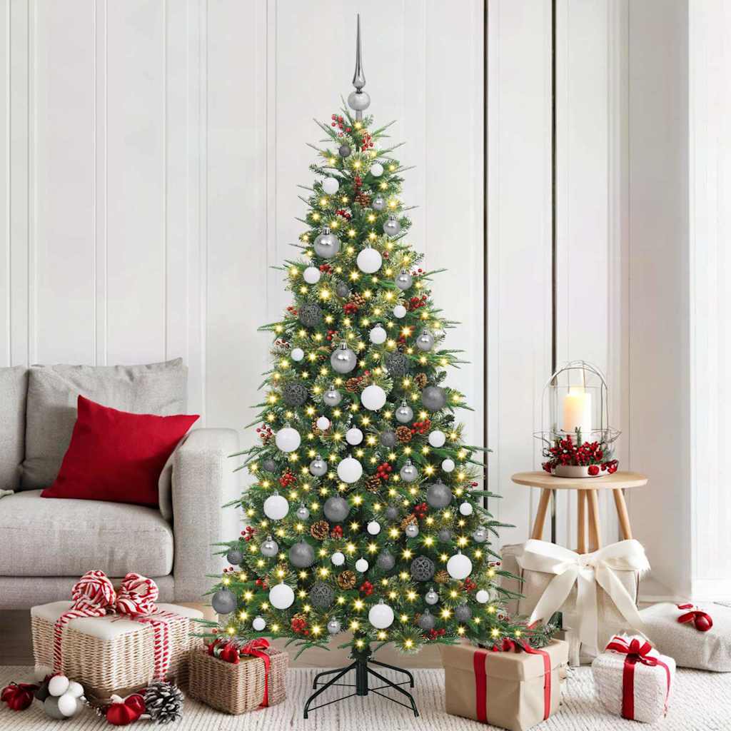Artificial Hinged Christmas Tree PE and PVC Green 180 cm with LEDs &white/grey balls