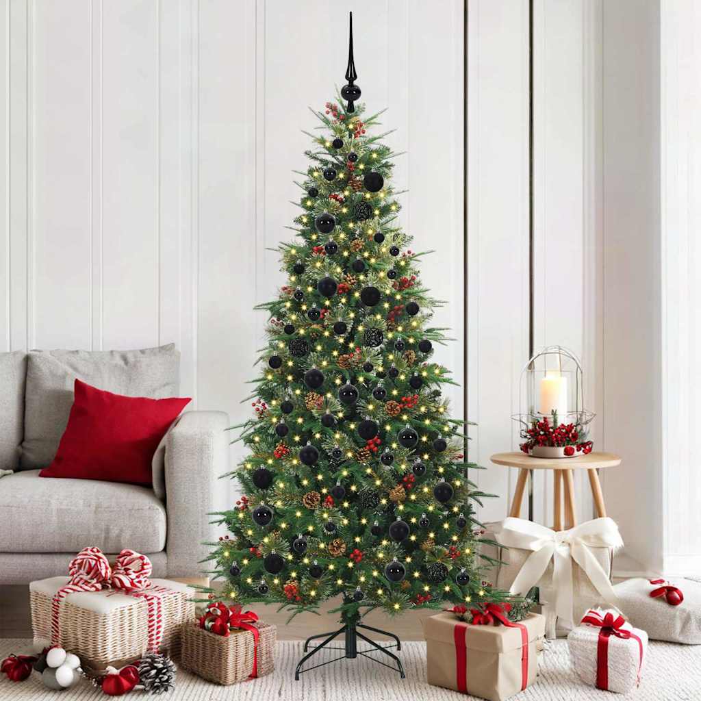 Artificial Hinged Christmas Tree PE and PVC Green 180 cm with LEDs &black balls