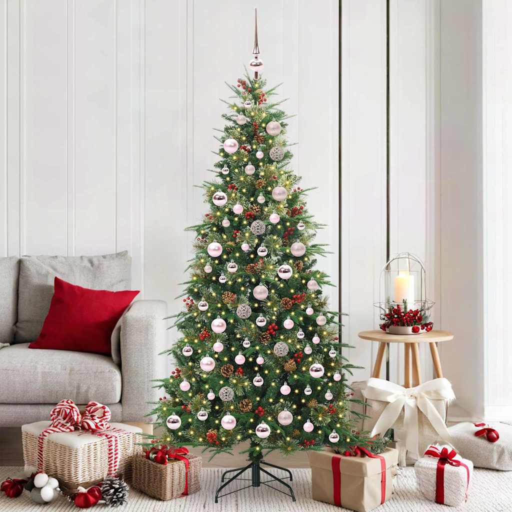 Artificial Hinged Christmas Tree PE and PVC Green 180 cm with LEDs &pink balls